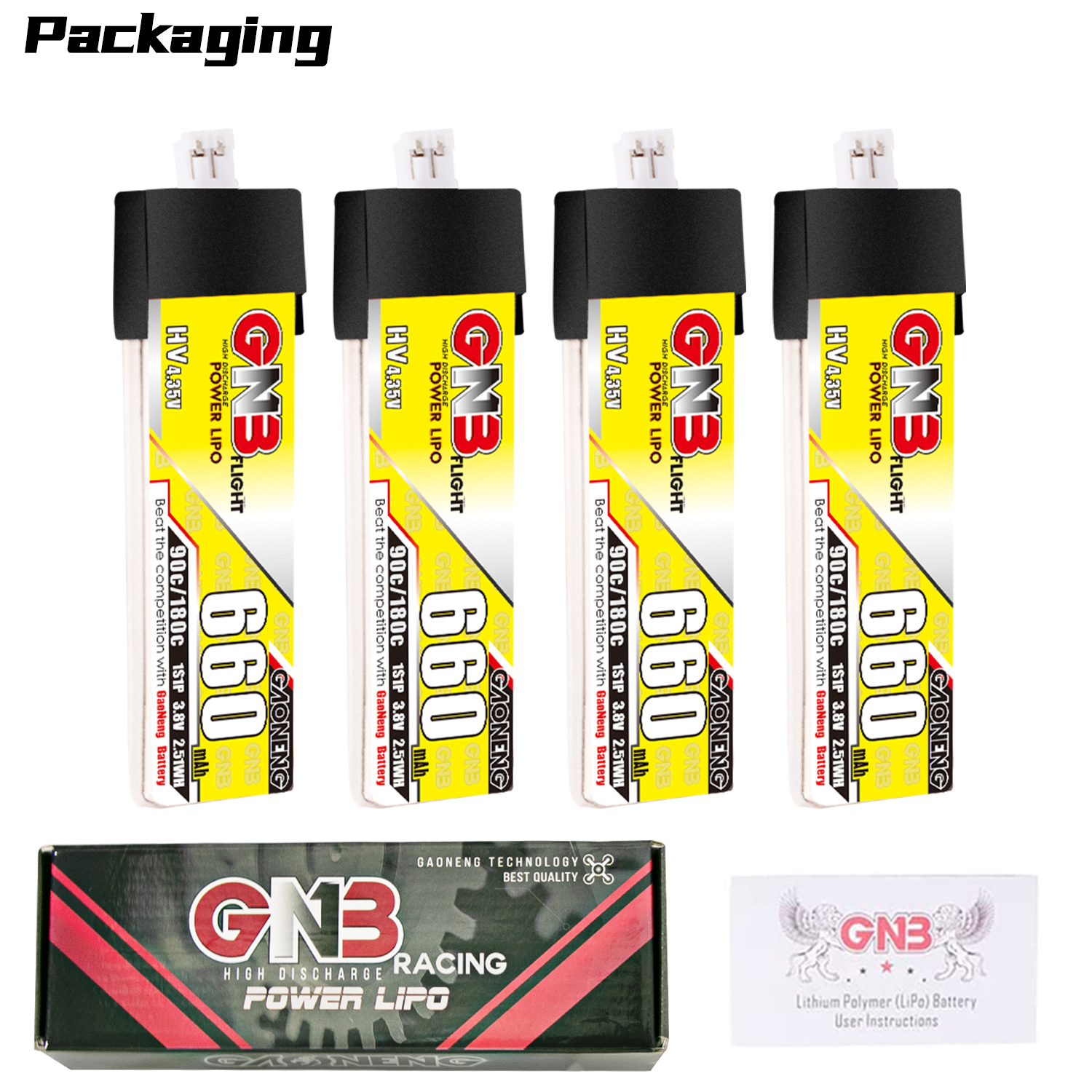 4PCS - GAONENG GNB LiHV 1S 3.8V 660mAh 90C PH2.0 Plastic Head LiPo Battery