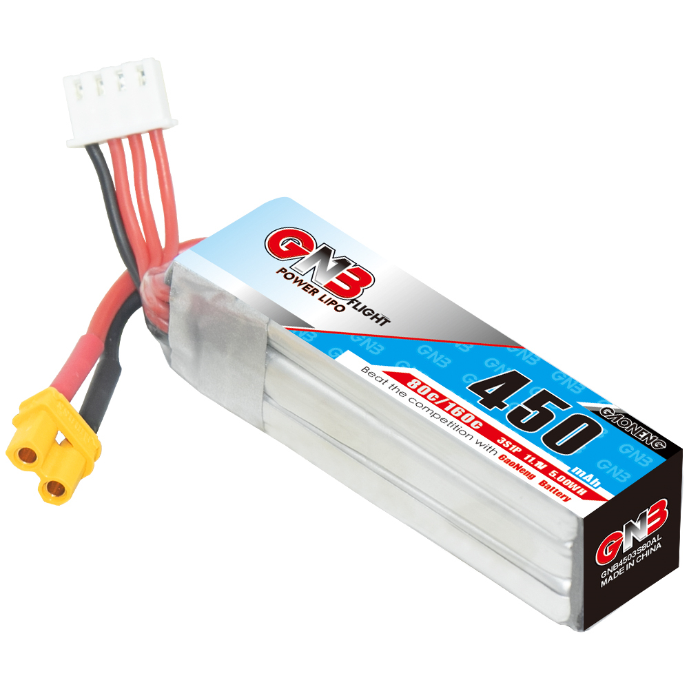 2PCS - GAONENG GNB 3S 11.1V 450mAh 80C XT30 LiPo Battery Long Type
