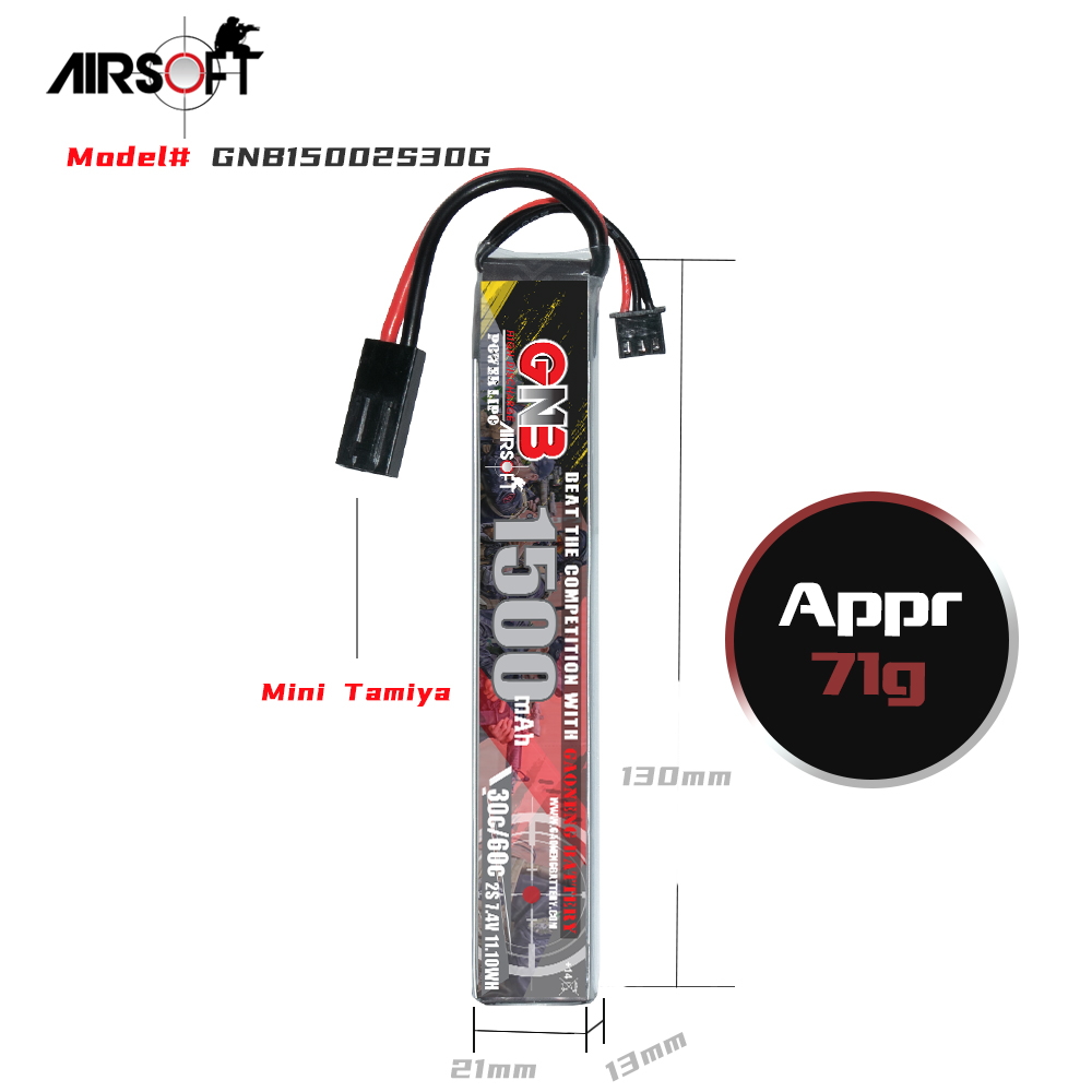 2PCS - GAONENG GNB 2S 7.4V 1500mAh 30C Mini Tamiya LiPo Battery for AirSoft