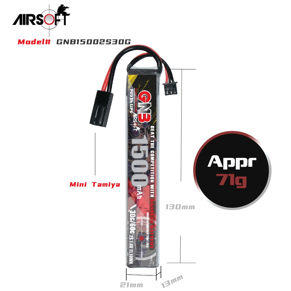 2PCS - GAONENG GNB 2S 7.4V 1500mAh 30C Mini Tamiya LiPo Battery for AirSoft