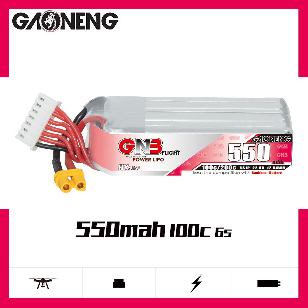2PCS - GAONENG GNB LiHV 6S 22.8V 550mAh 100C XT30 LiPo Battery Long Type