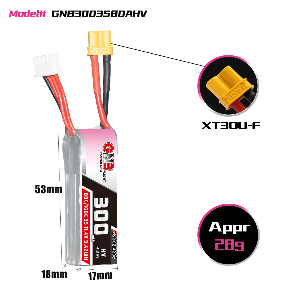2PCS - GAONENG GNB LiHV 3S 11.4V 300mAh 80C XT30 LiPo Battery