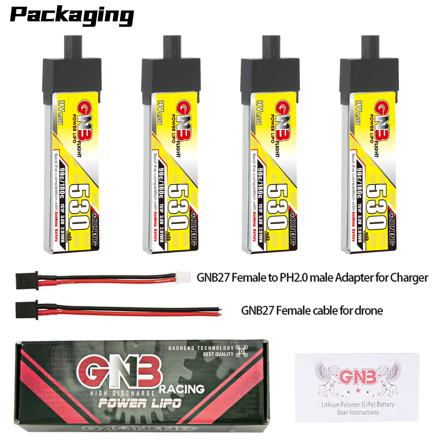 4PCS - GAONENG GNB LiHV 1S 3.8V 530mAh 90C GNB27 With Plastic Head LiPo Battery