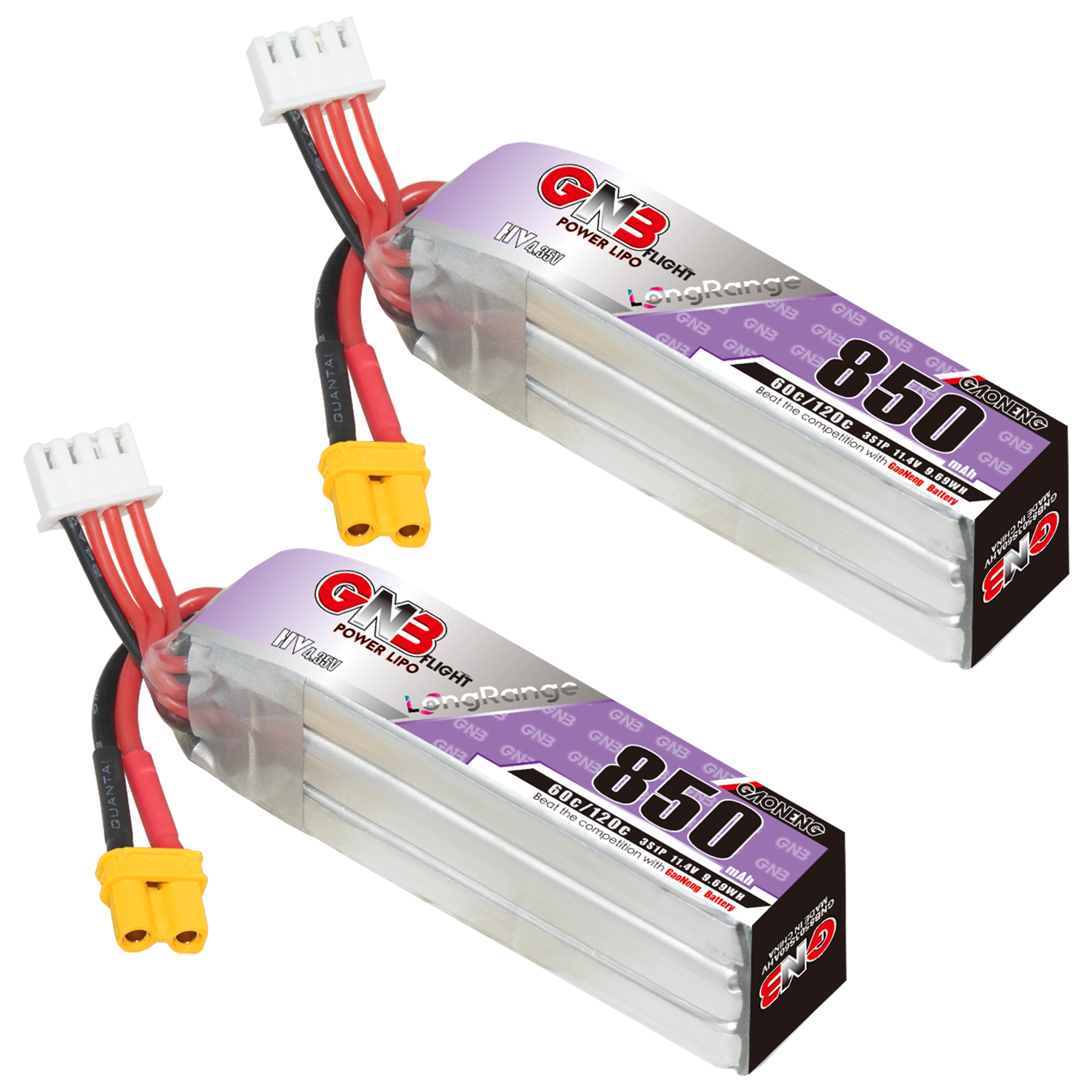 2PCS - GAONENG GNB LiHV 3S 11.4V 850mAh 60C XT30 LiPo Battery