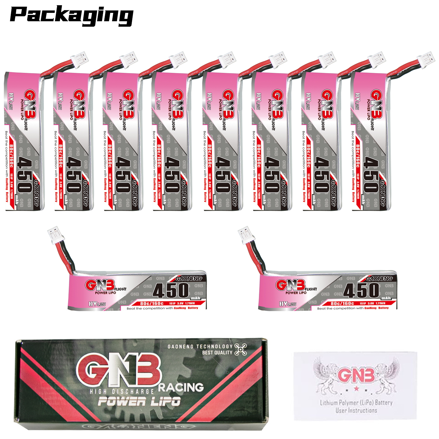 GAONENG GNB LiHV 1S 3.8V 450mAh 80C PH2.0 Cabled LiPo Battery