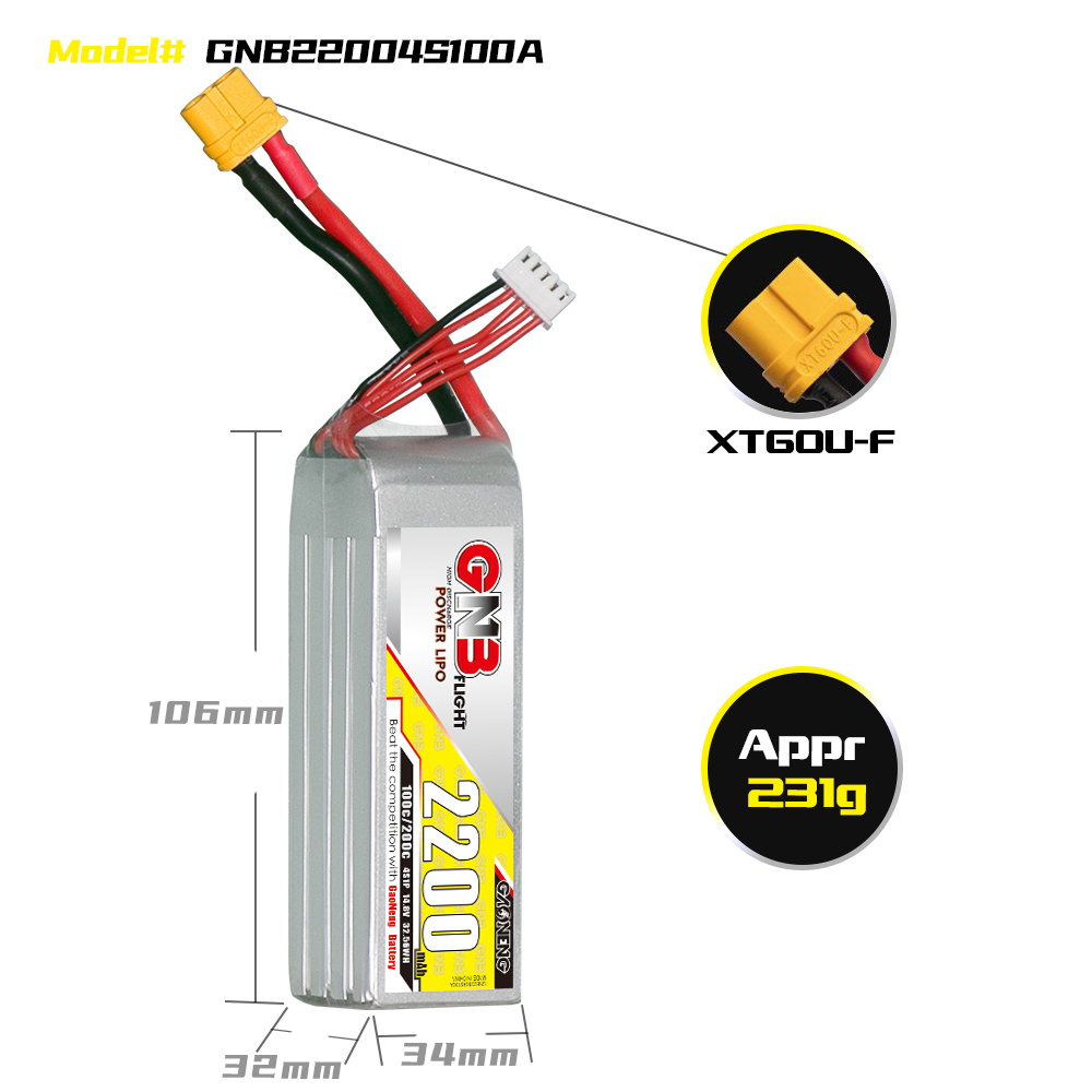 1PCS - GAONENG GNB 4S 14.8V 2200mAh 100C XT60 LiPo Battery