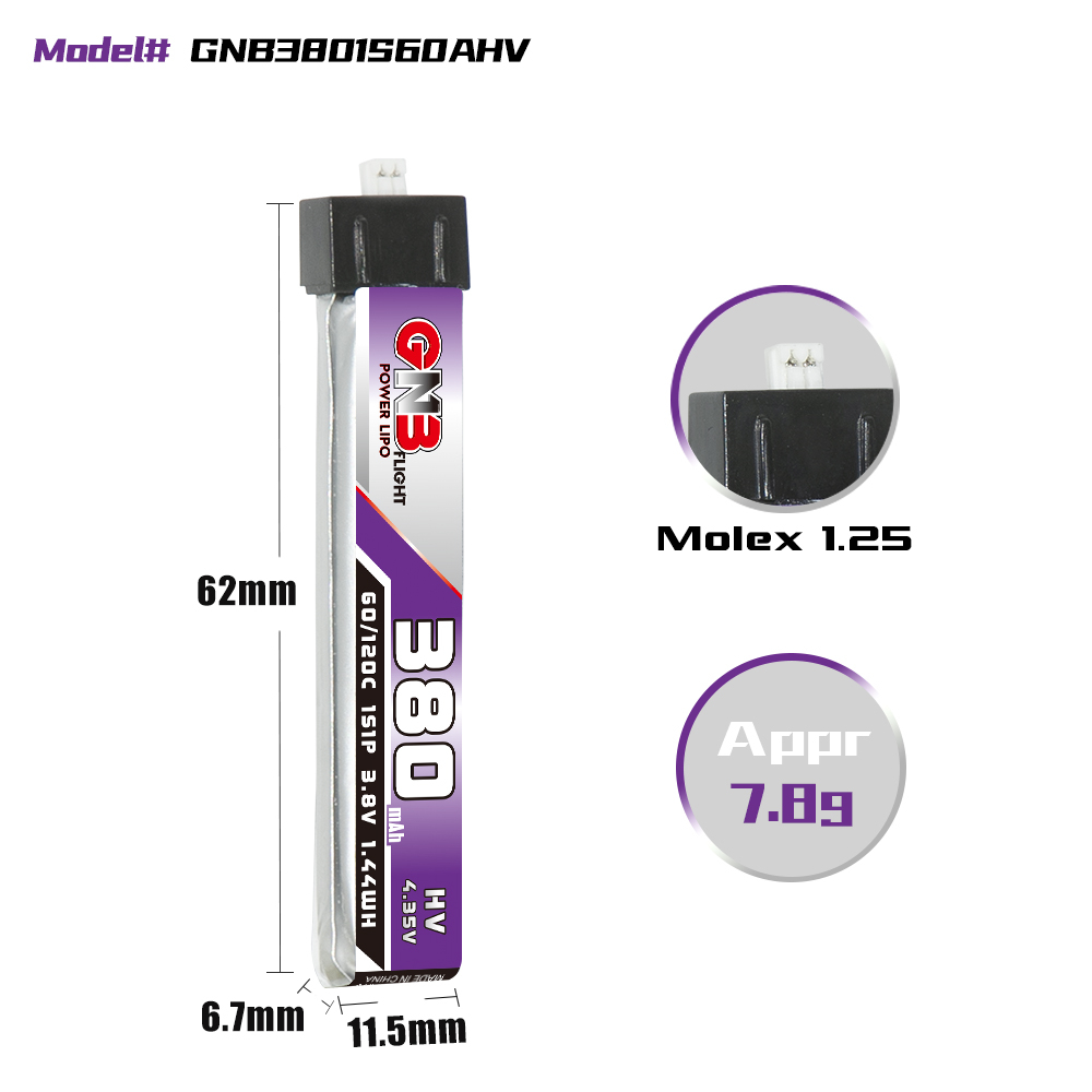 GAONENG GNB LiHV 1S 3.8V 380mAh 60C Molex 1.25 Plastic Head LiPo Battery