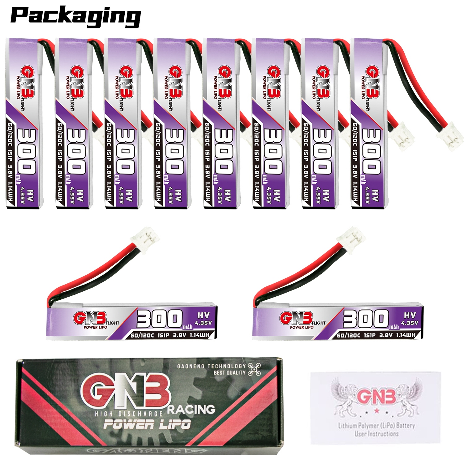 GAONENG GNB LiHV 1S 3.8V 300mAh 60C PH2.0 Cabled LiPo Battery