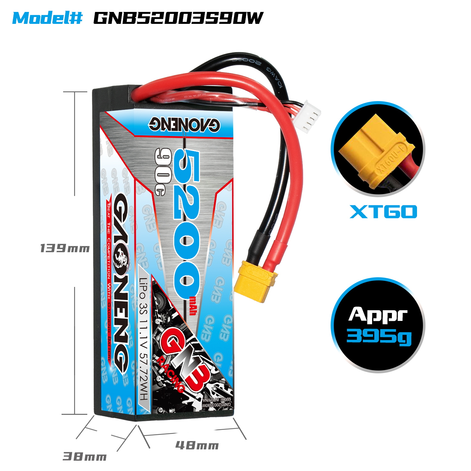 GAONENG GNB 3S 11.1V 5200mAh 90C Cabled Hard Case LiPo Battery XT60