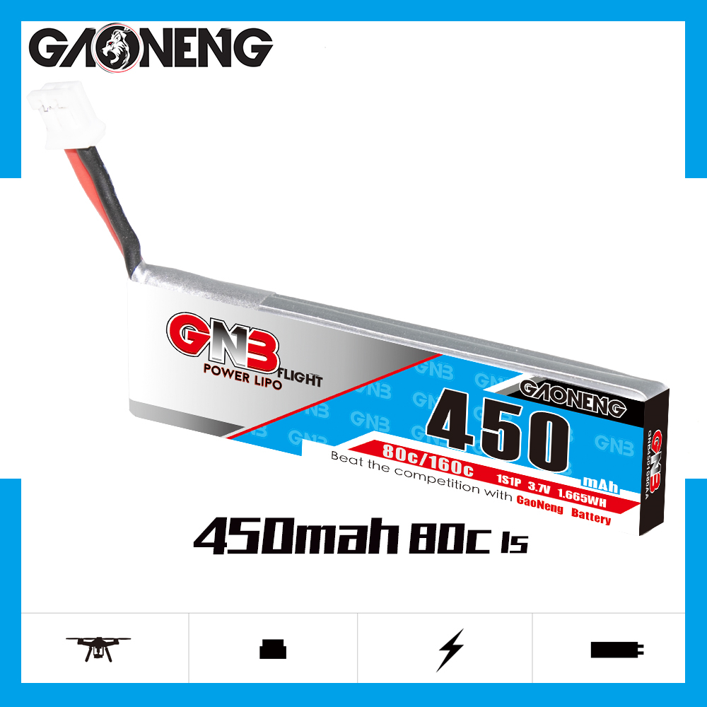 4PCS - GAONENG GNB 1S 3.7V 450mAh 80C PH2.0 Cabled LiPo Battery