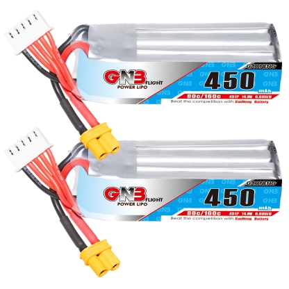 2PCS - GAONENG GNB 4S 14.8V 450mAh 80C XT30 LiPo Battery Long Type