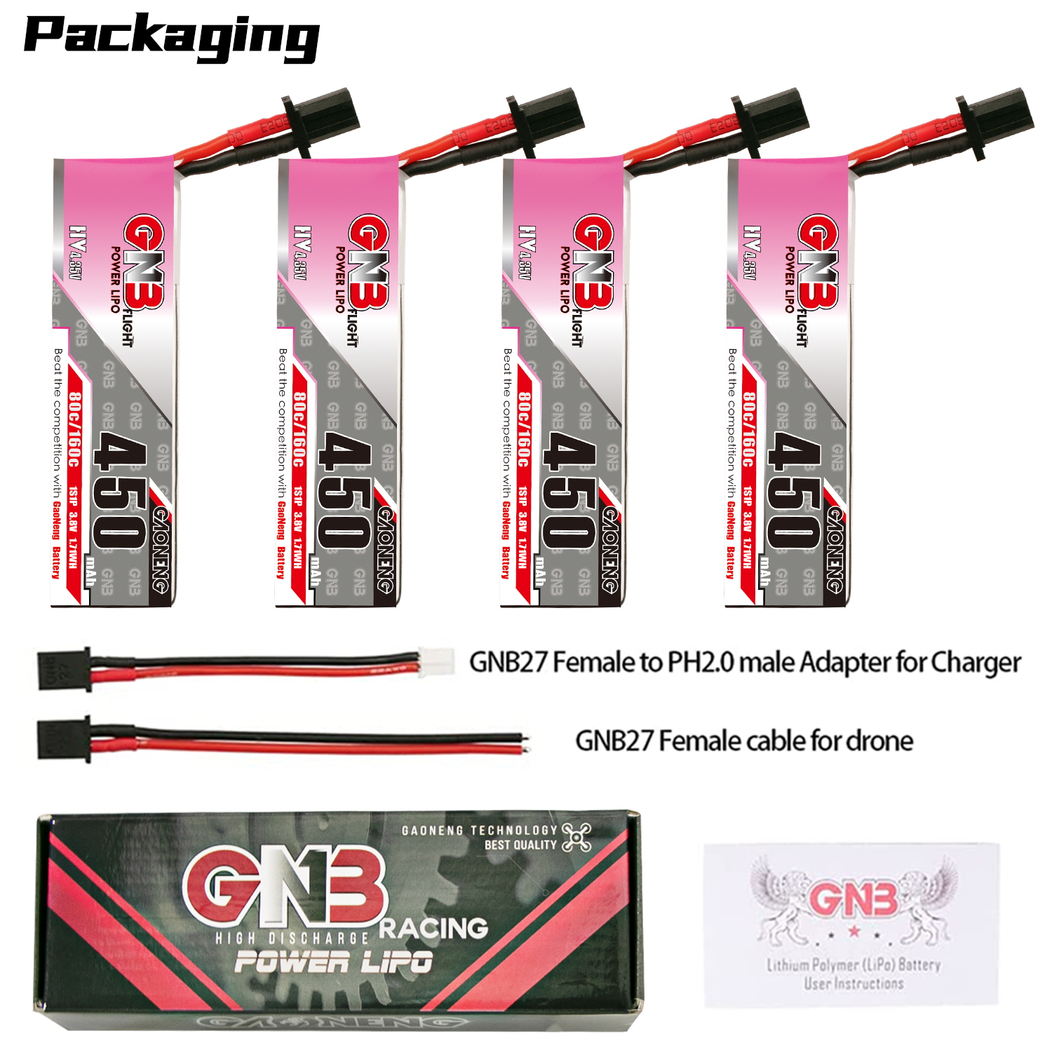 4PCS - GAONENG GNB LiHV 1S 3.8V 450mAh 80C GNB27 Cabled LiPo Battery