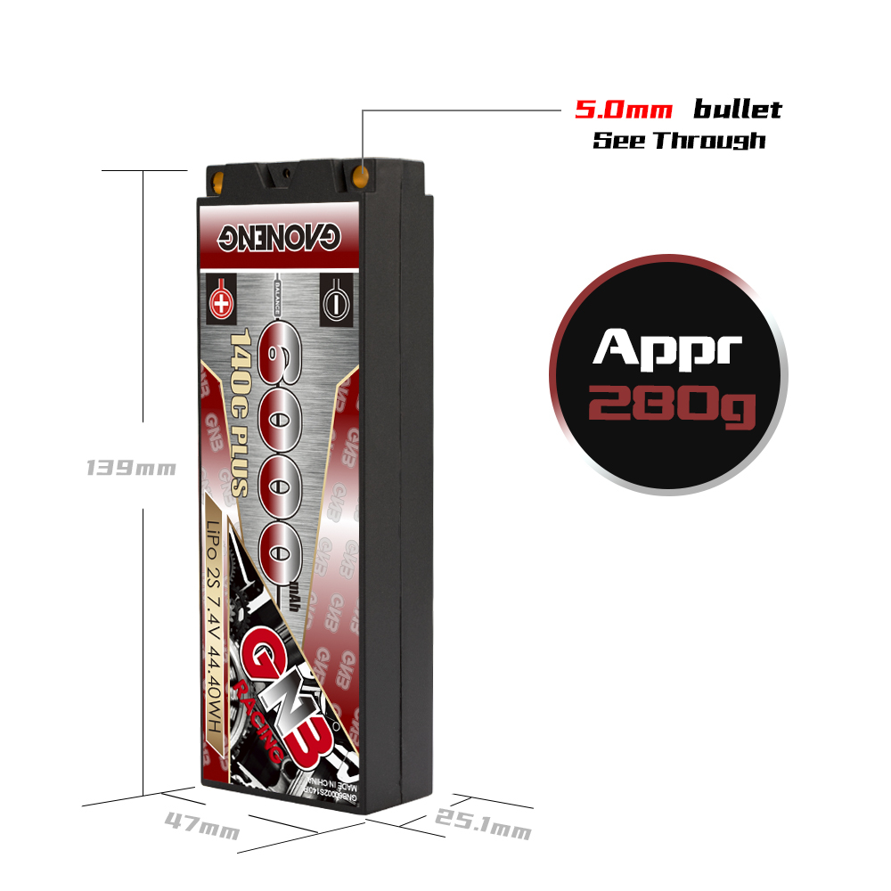 2PCS - GAONENG GNB 2S 7.4V 6000mAh 140C Hard Case LiPo Battery XT60