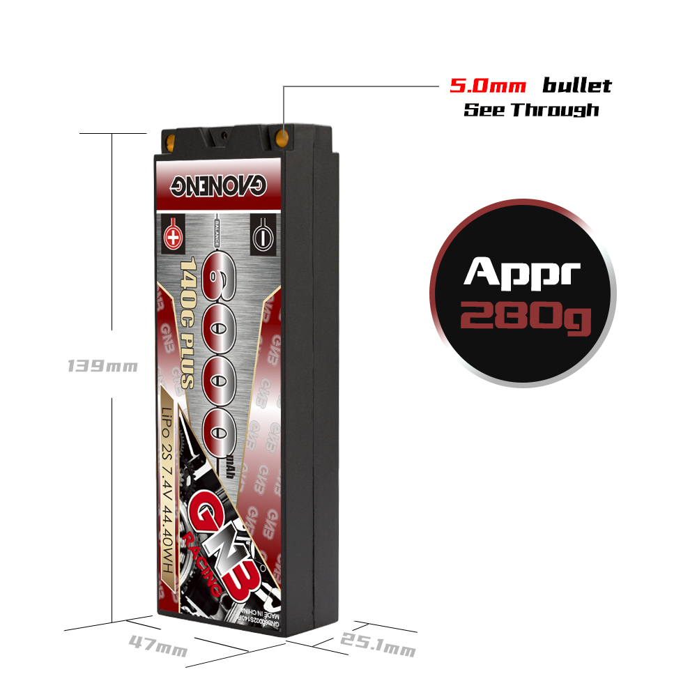 2PCS - GAONENG GNB 2S 7.4V 6000mAh 140C Hard Case LiPo Battery XT60