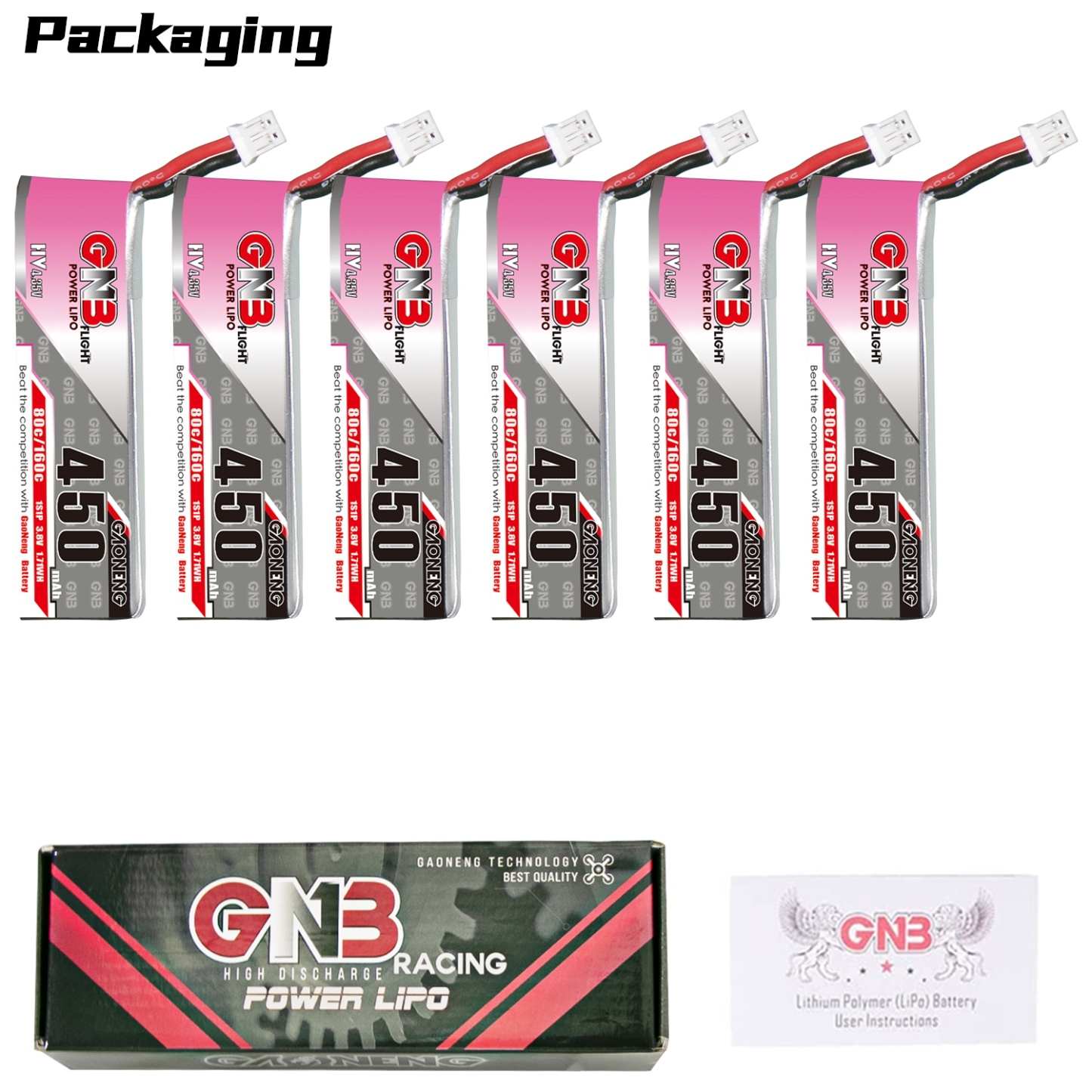 GAONENG GNB LiHV 1S 3.8V 450mAh 80C PH2.0 Cabled LiPo Battery