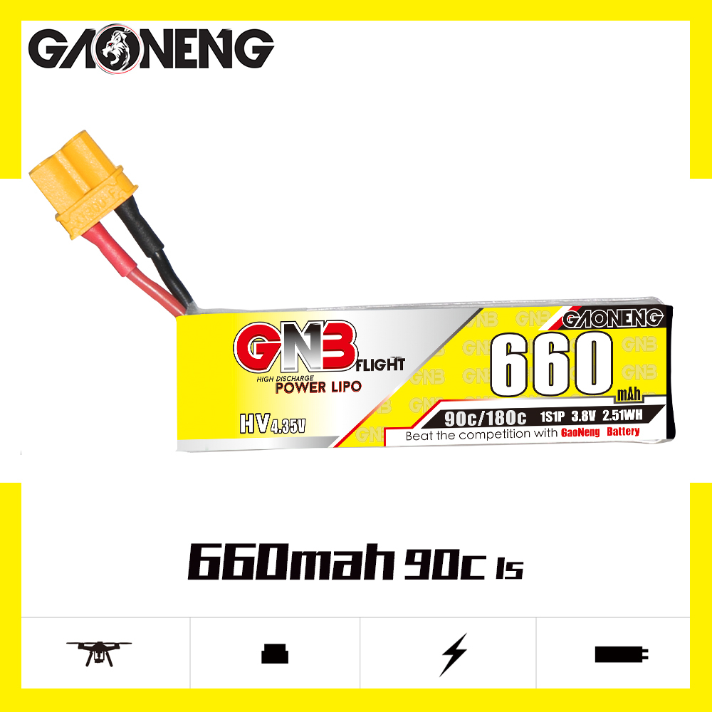 4PCS - GAONENG GNB LiHV 1S 3.8V 660mAh 90C XT30 Cabled LiPo Battery