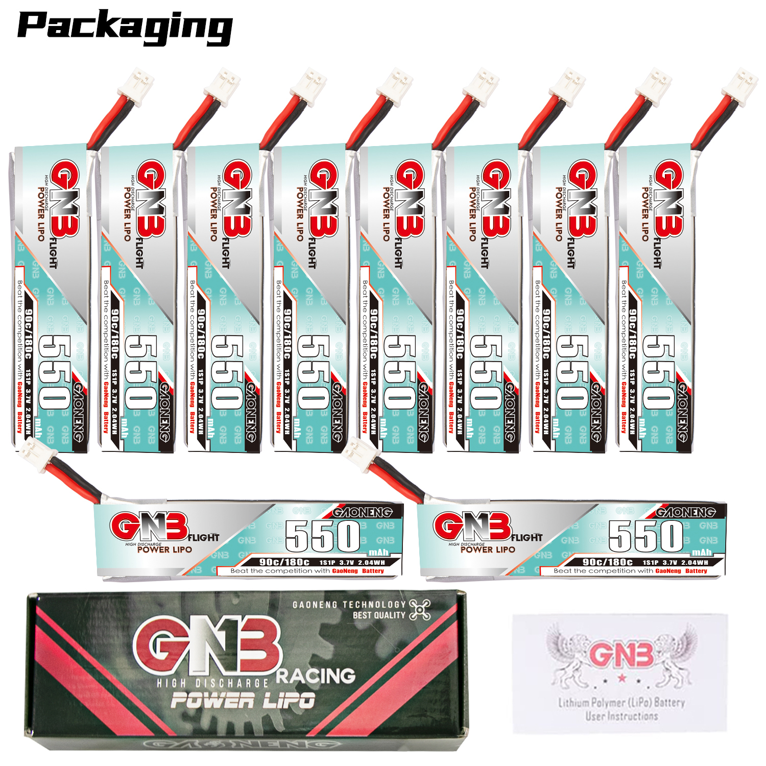 GAONENG GNB 1S 3.7V 550mAh 90C PH2.0 Cabled LiPo Battery Long Type