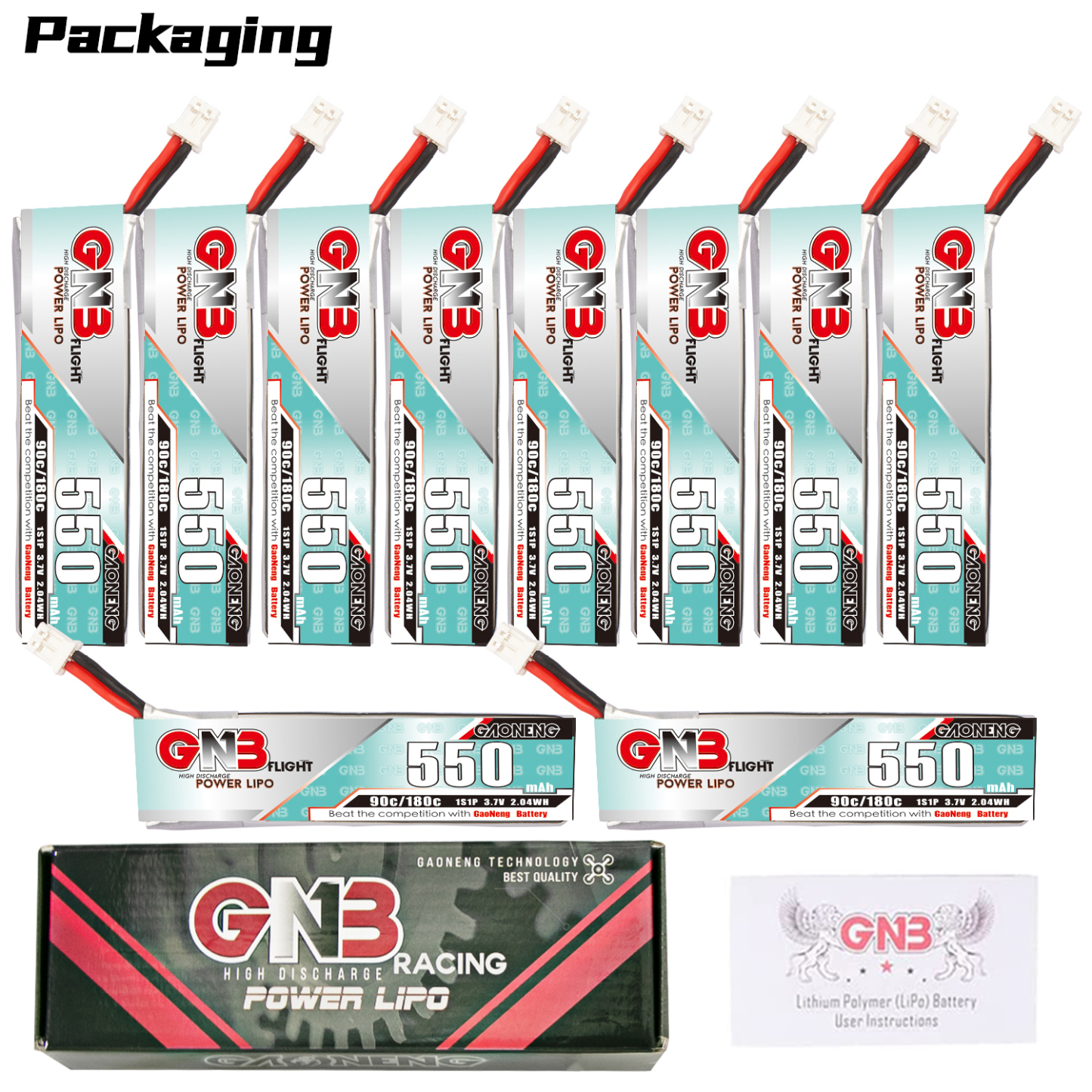 GAONENG GNB 1S 3.7V 550mAh 90C PH2.0 Cabled LiPo Battery Long Type
