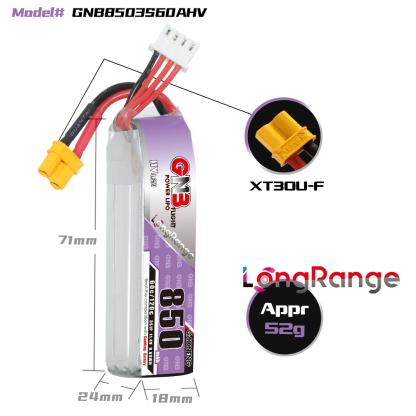 2PCS - GAONENG GNB LiHV 3S 11.4V 850mAh 60C XT30 LiPo Battery