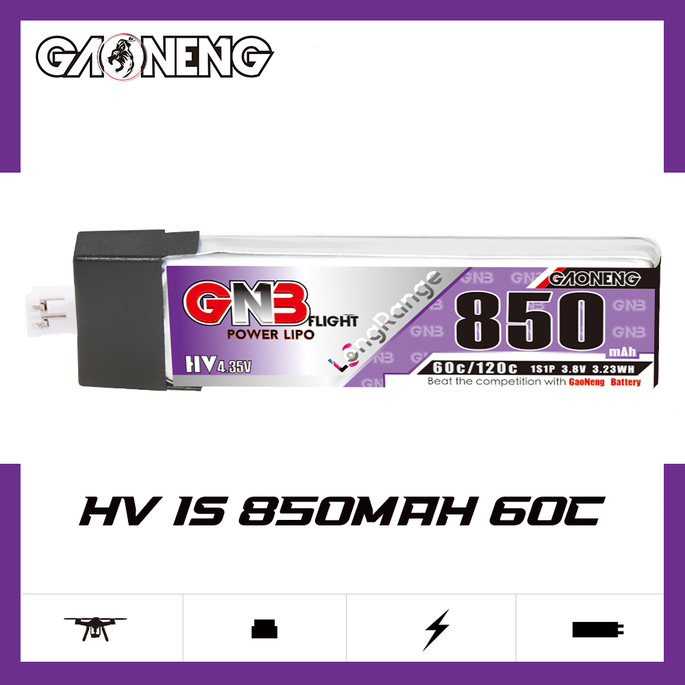 GAONENG GNB LiHV 1S 3.8V 850mAh 60C PH2.0 Plastic Head LiPo Battery Long Range