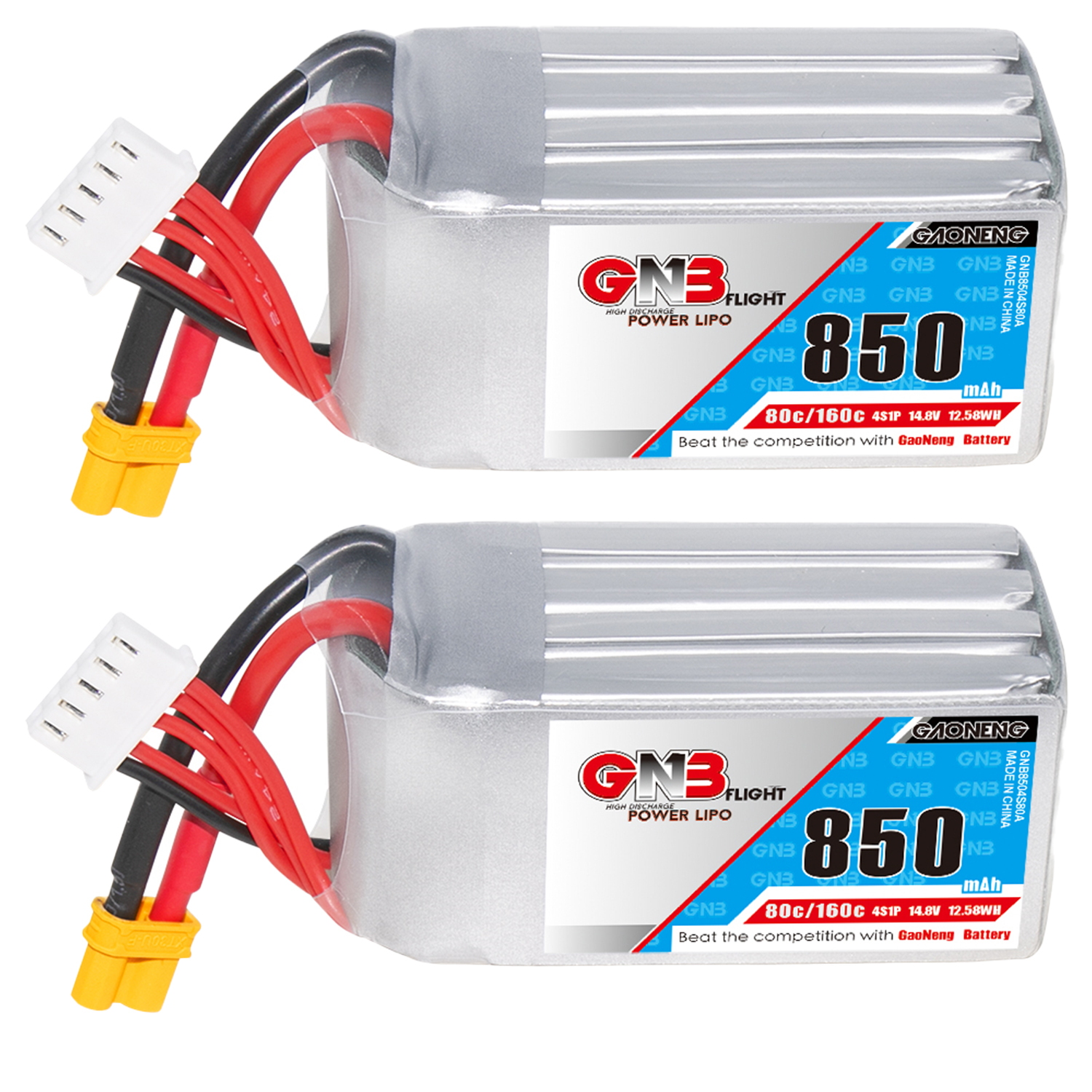 2PCS - GAONENG GNB 4S 14.8V 850mAh 80C XT30 LiPo Battery