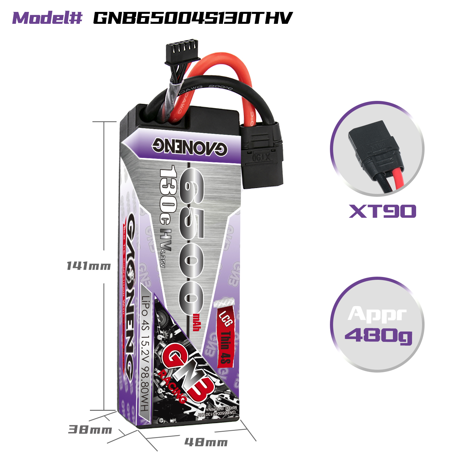 1PCS - GAONENG GNB LiHV 4S 15.2V 6500mAh 130C Hard Case LCG LiPo Battery XT90