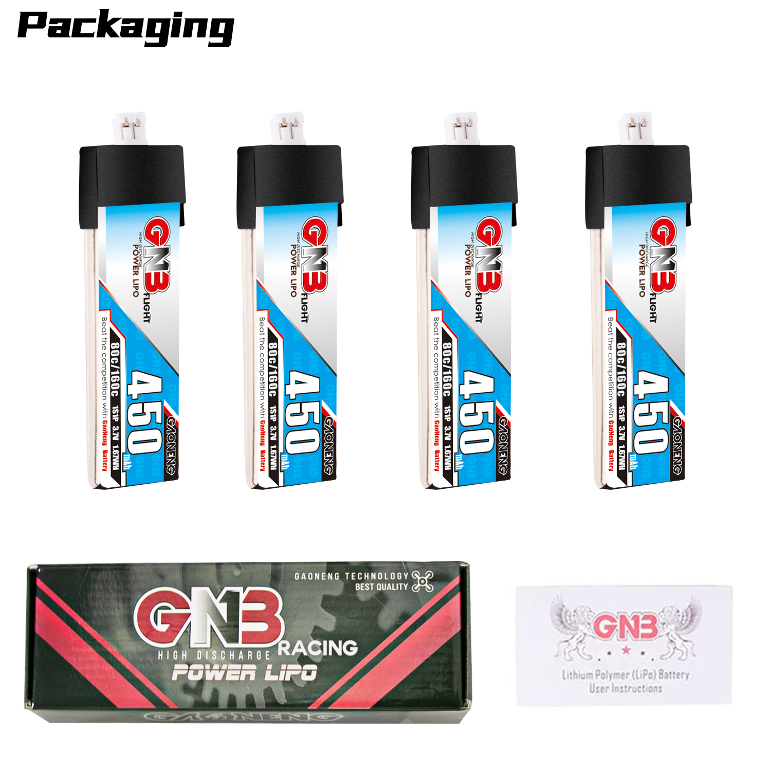 GAONENG GNB 1S 3.7V 450mAh 80C PH2.0 Plastic Head LiPo Battery Long Type