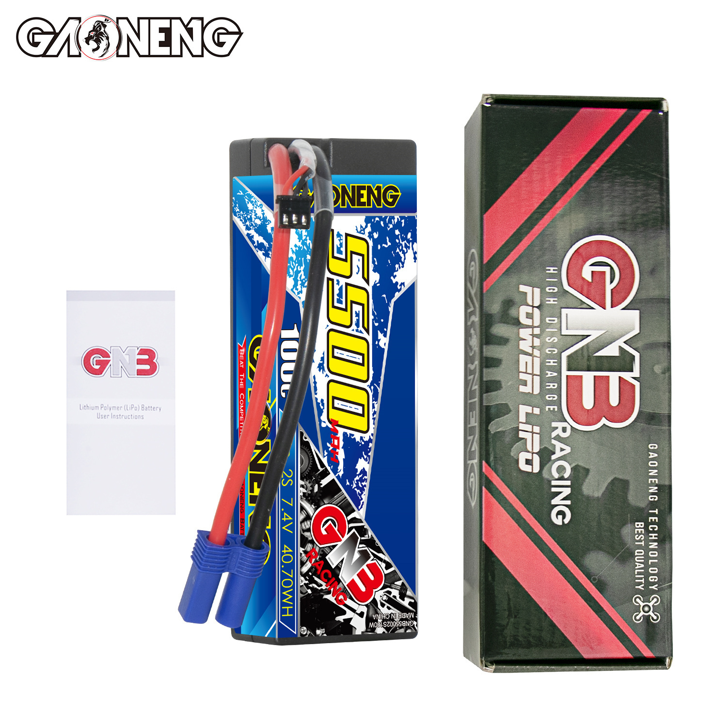1PC - GAONENG GNB 2S 7.4V 5500mAh 100C Cabled Hard Case LiPo Battery EC5