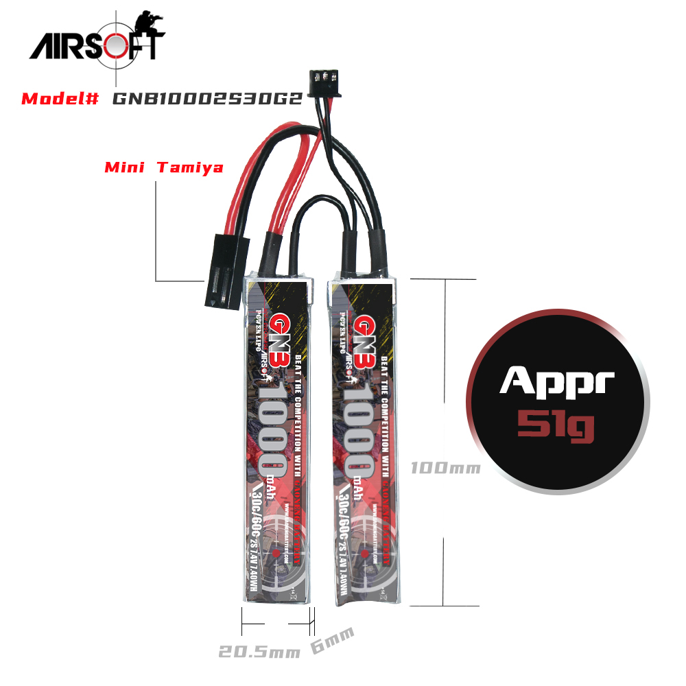 2PCS - GAONENG GNB 2S 7.4V 1000mAh 30C Mini Tamiya 2cells LiPo Battery for AirSoft