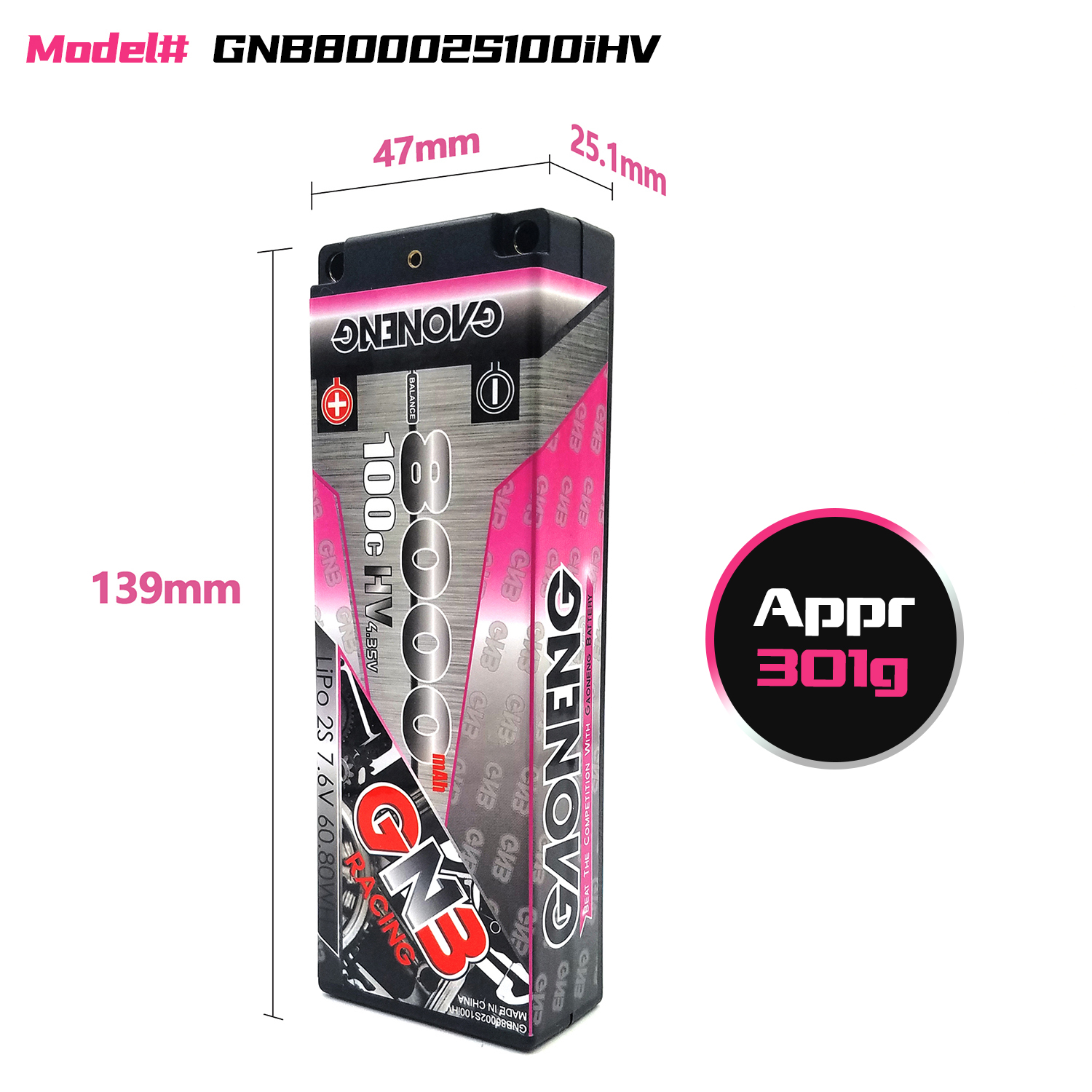 1PCS - GAONENG GNB LiHV 2S 7.6V 8000mAh 100C Hard Case LiPo Battery T-Plug