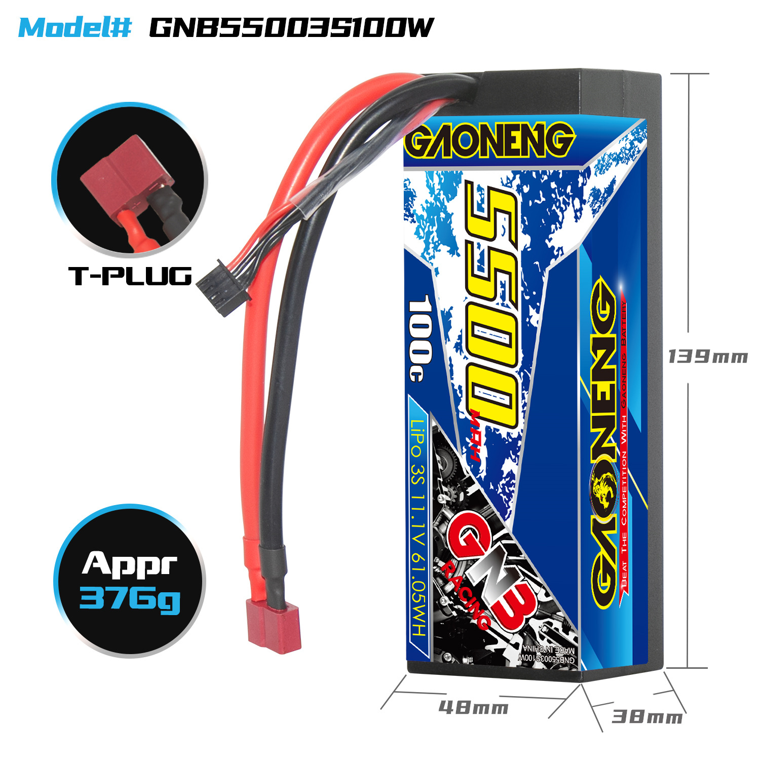GAONENG GNB 3S 11.1V 5500mAh 100C Cabled Hard Case LiPo Battery RC Car