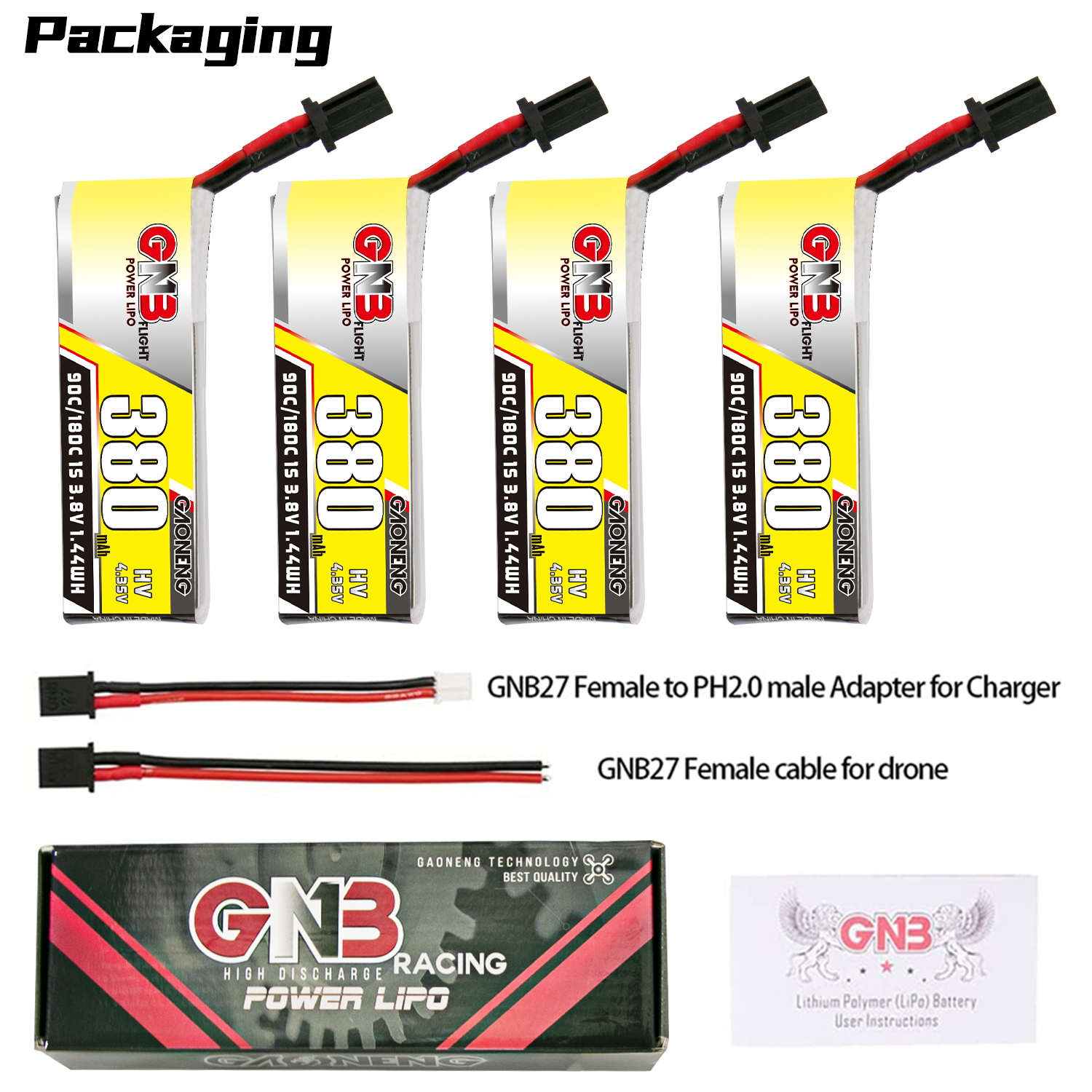 4PCS - GAONENG GNB LiHV 1S 3.8V 380mAh 90C GNB27 Cabled LiPo Battery