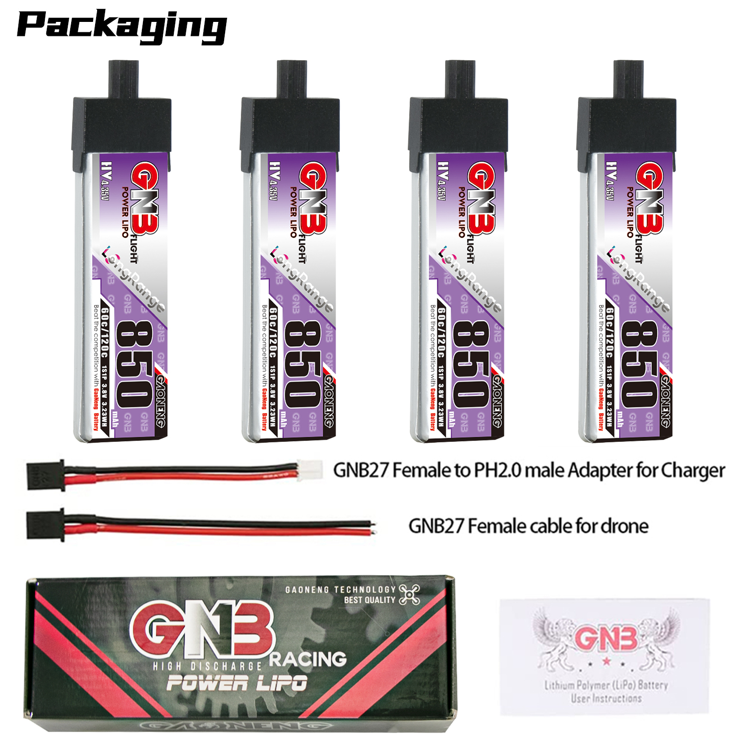 4PCS - GAONENG GNB LiHV 1S 3.8V 850mAh 60C GNB27 With Plastic Head LiPo Battery