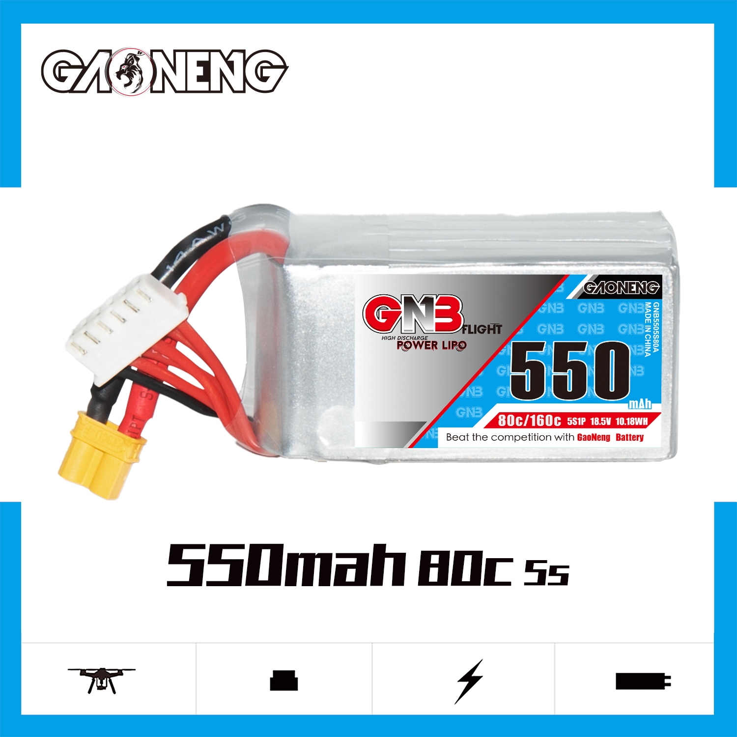 GAONENG GNB 5S 18.5V 550mAh 80C XT30 LiPo Battery Square Type