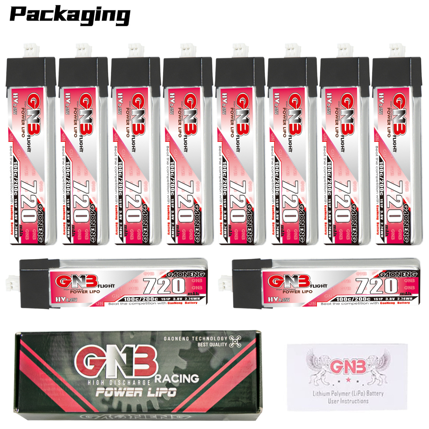 GAONENG GNB LiHV 1S 3.8V 720mAh 100C PH2.0 Plastic Head LiPo Battery