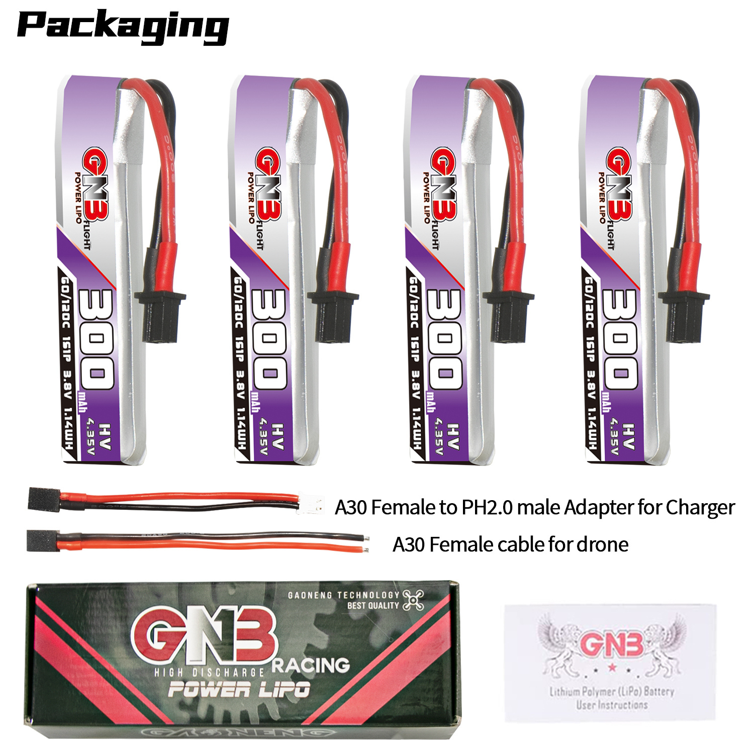 GAONENG GNB LiHV 1S 3.8V 300mAh 60C A30 Cabled LiPo Battery