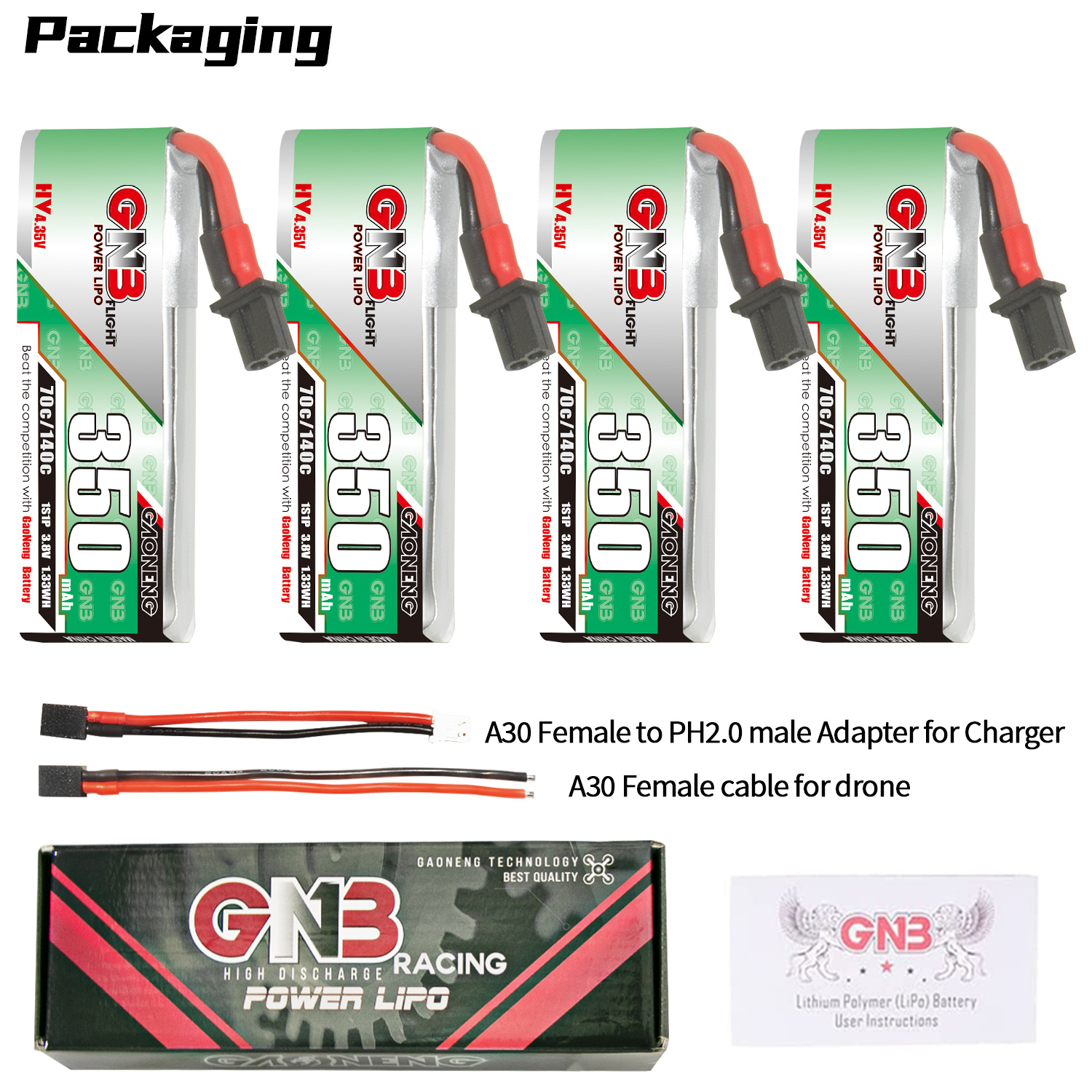 GAONENG GNB LiHV 1S 3.8V 350mAh 70C A30 Cabled LiPo Battery