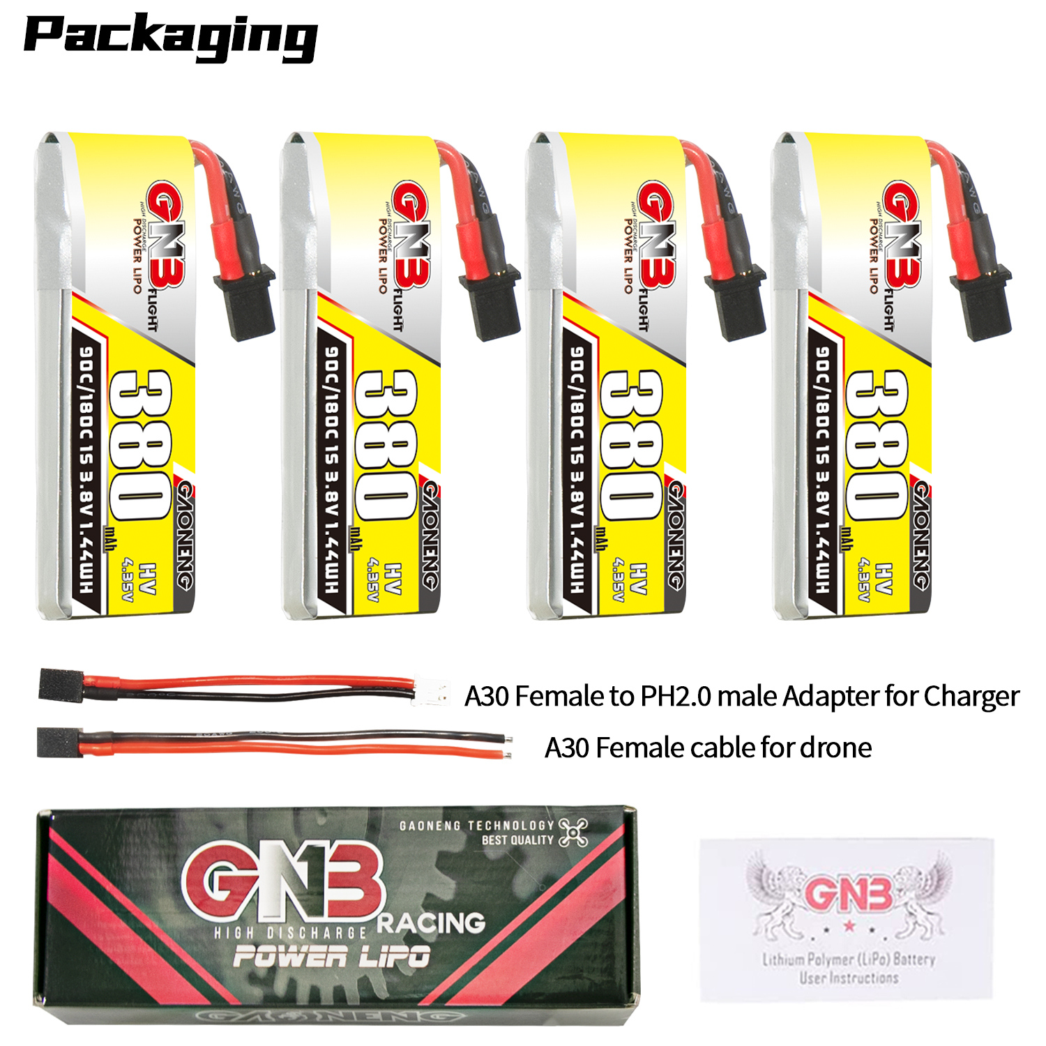 GAONENG GNB LiHV 1S 3.8V 380mAh 90C A30 Cabled LiPo Battery