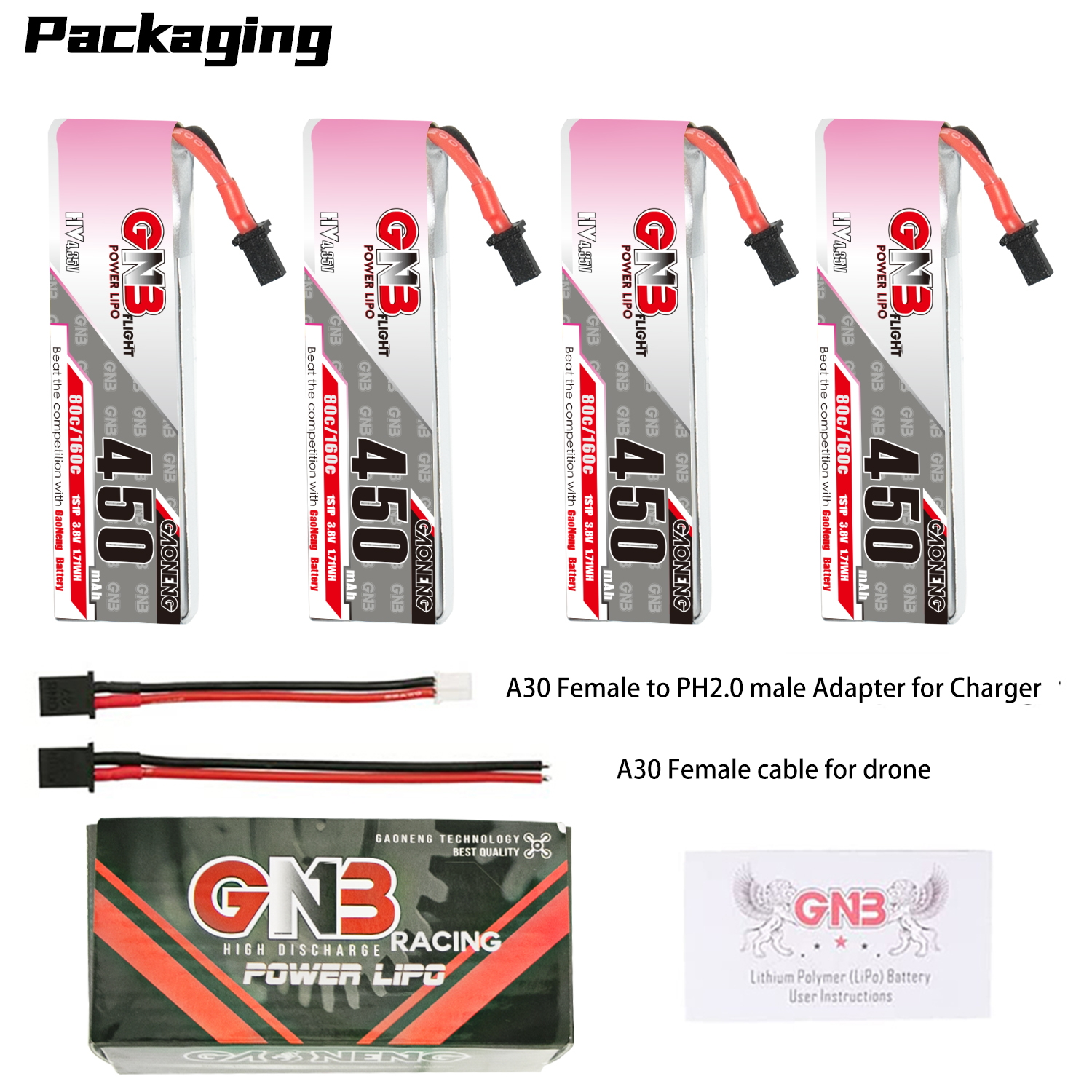 GAONENG GNB LiHV 1S 3.8V 450mAh 80C A30 Cabled LiPo Battery