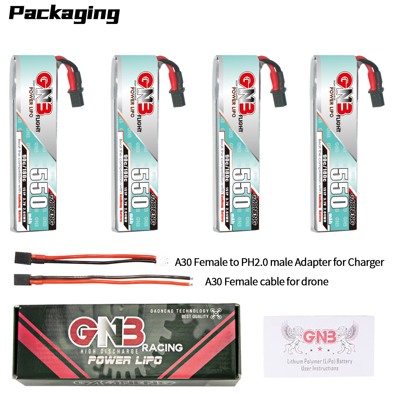 GAONENG GNB 1S 3.7V 550mAh 90C A30 Cabled LiPo Battery Long Type