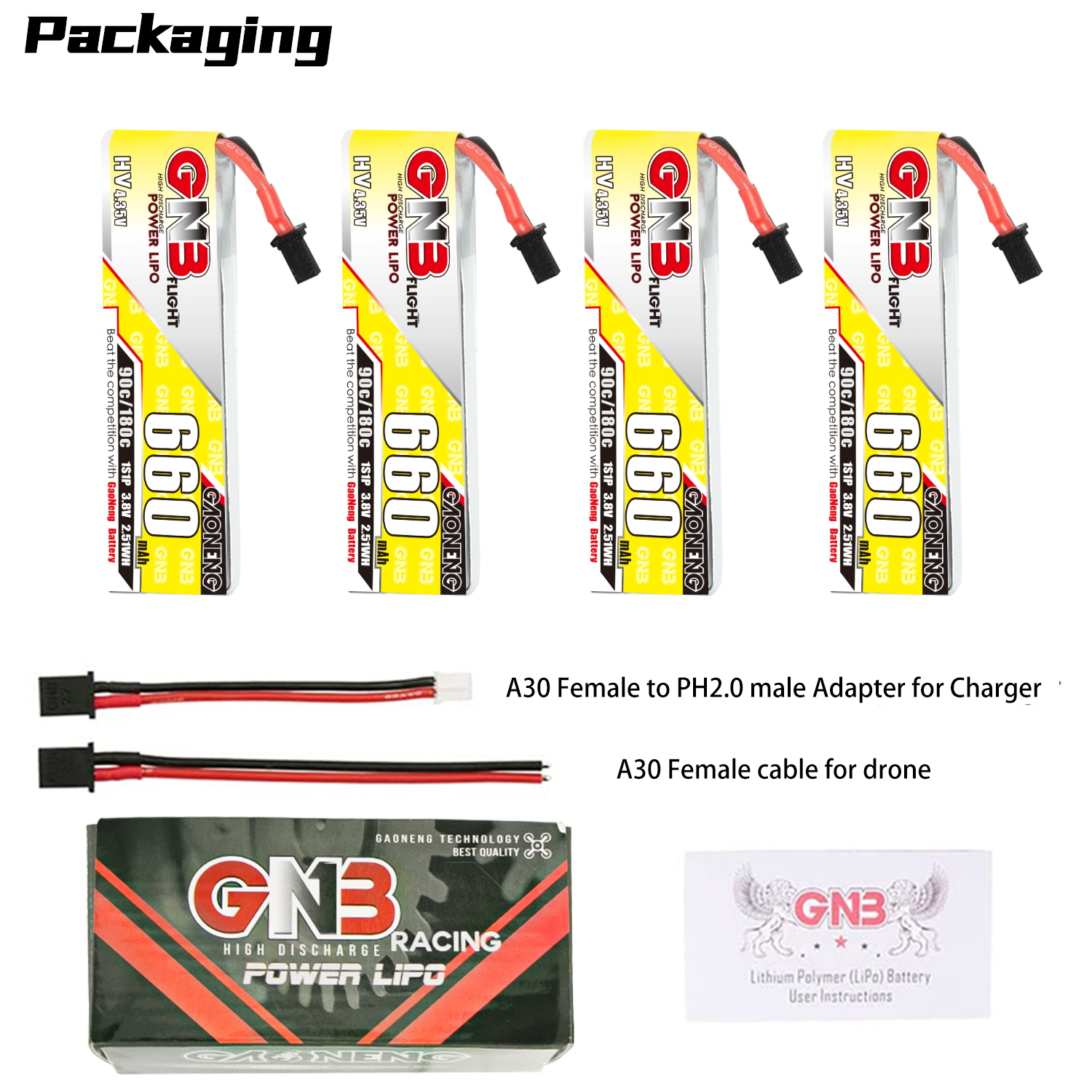 GAONENG GNB LiHV 1S 3.8V 660mAh 90C A30 Cabled LiPo Battery