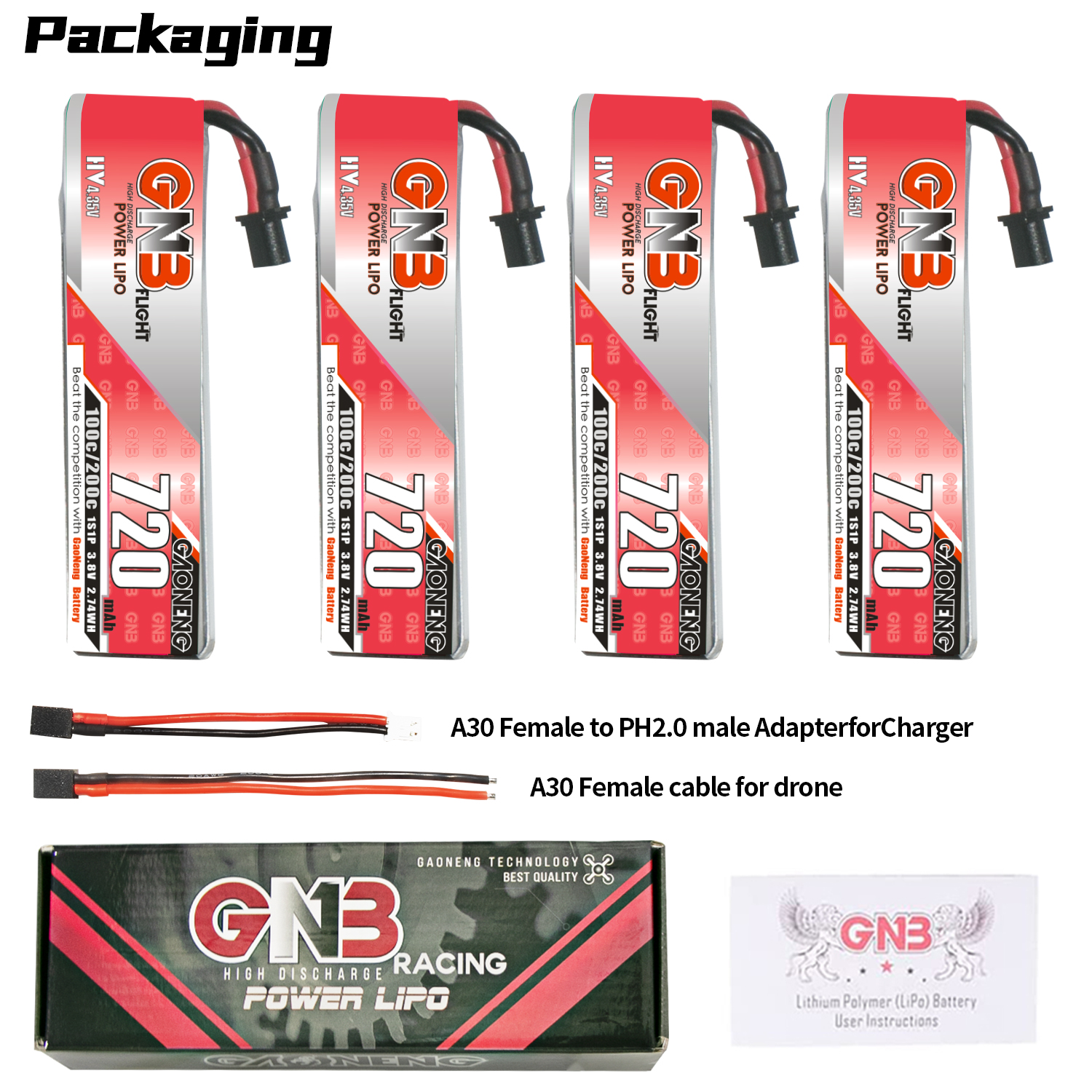 GAONENG GNB LiHV 1S 3.8V 720mAh 100C A30 Cabled LiPo Battery