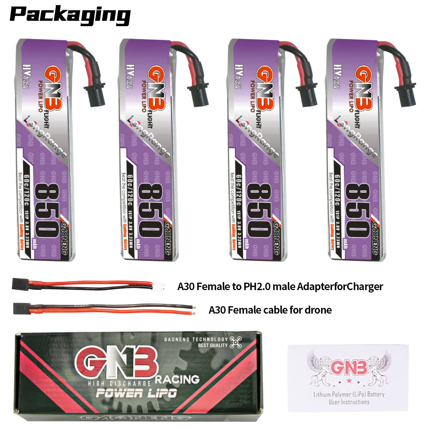 GAONENG GNB HV 1S 3.8V 850MAH 60C A30 RC LIPO BATTERY FPV DRONE QUAD