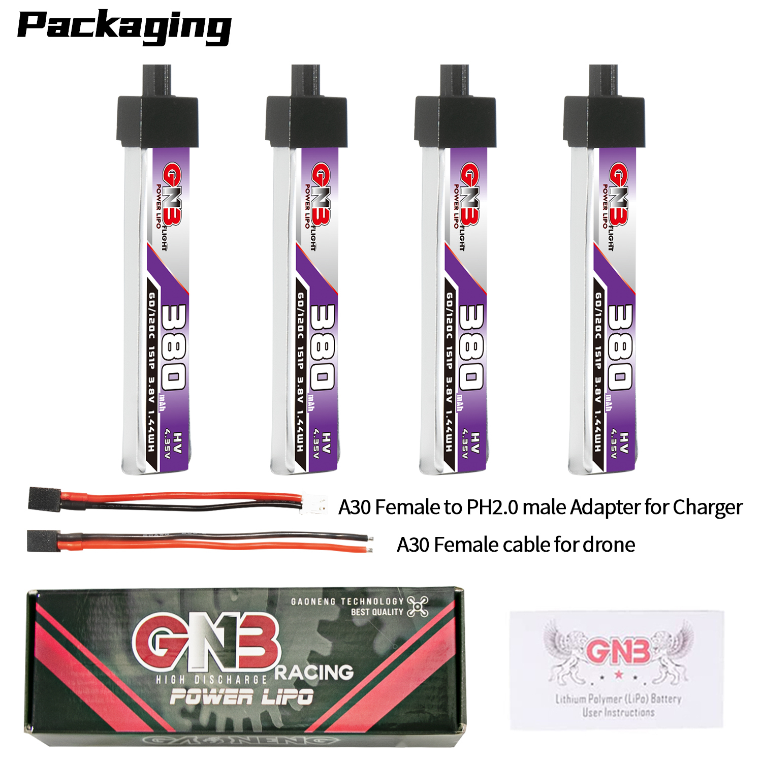 GAONENG GNB LiHV 1S 3.8V 380mAh 60C A30 Plastic Head LiPo Battery