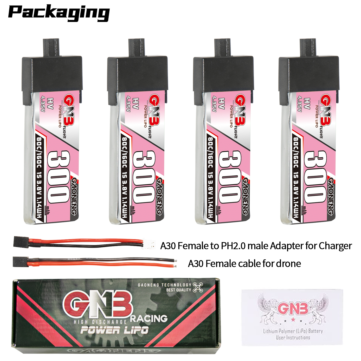 GAONENG GNB LiHV 1S 3.8V 300mAh 80C A30 Plastic Head LiPo Battery