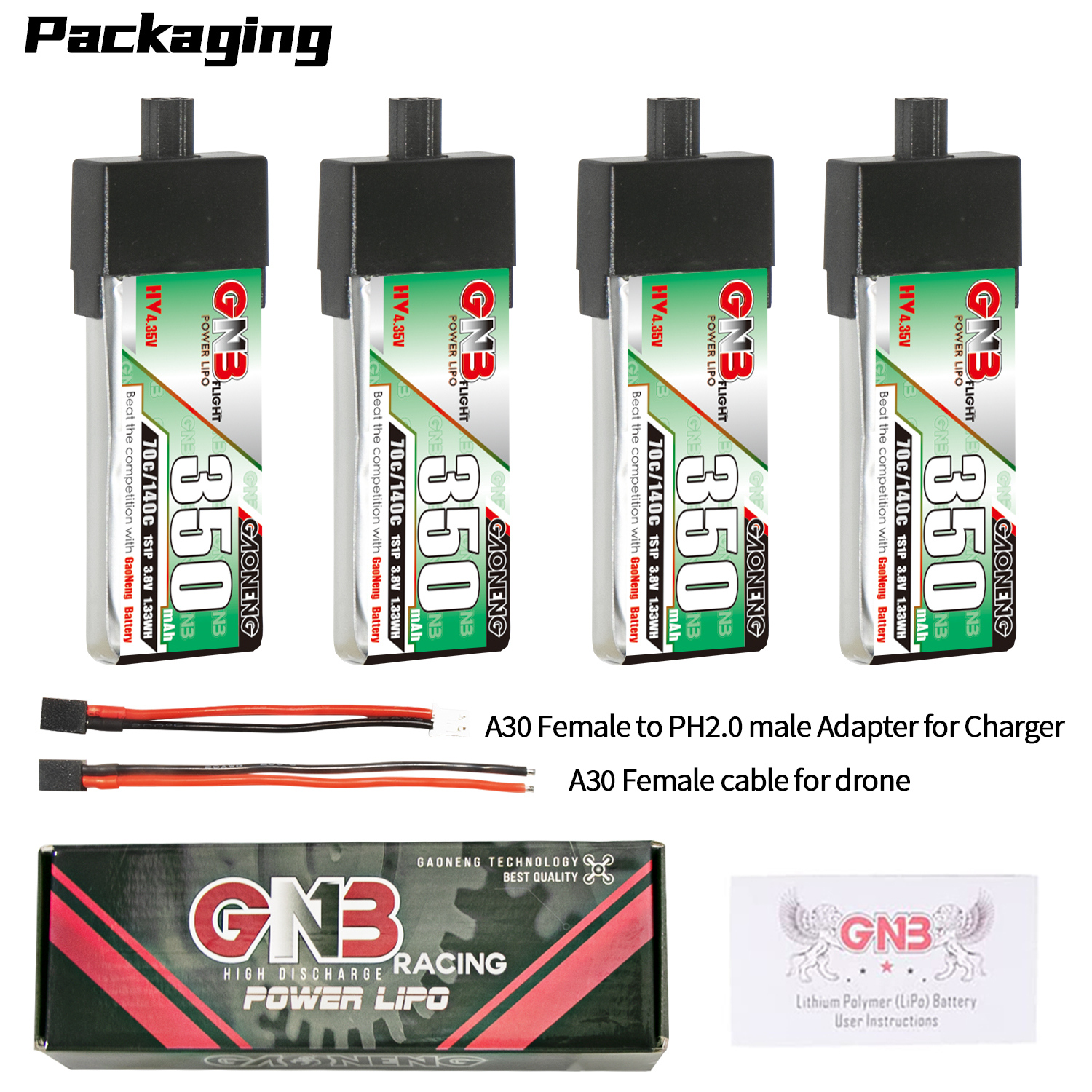 GAONENG GNB LiHV 1S 3.8V 350mAh 70C A30 Plastic Head LiPo Battery