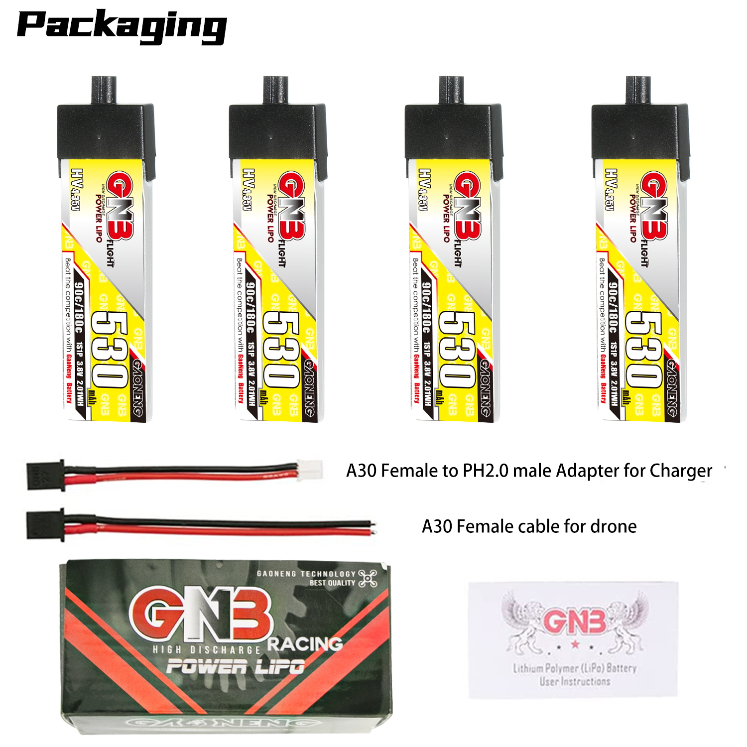 GAONENG GNB LiHV 1S 3.8V 530mAh 90C A30 Plastic Head LiPo Battery