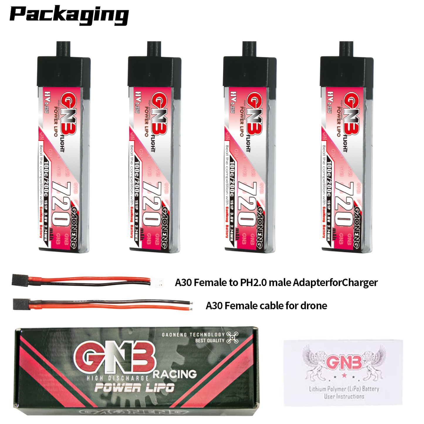 GAONENG GNB HV 1S 3.8V 720MAH 100C A30 LIPO BATTERY FPV DRONE QUADS
