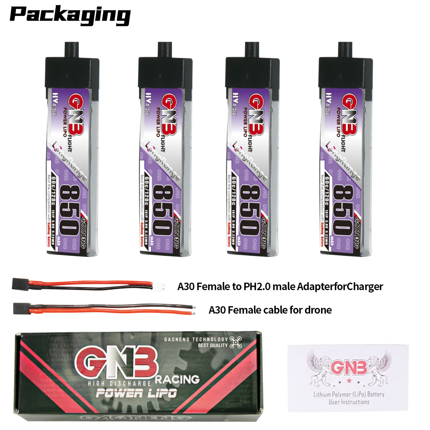 GAONENG GNB LIHV 1S 3.8V 850MAH 60C A30 LIPO BATTERY FPV DRONE QUADS
