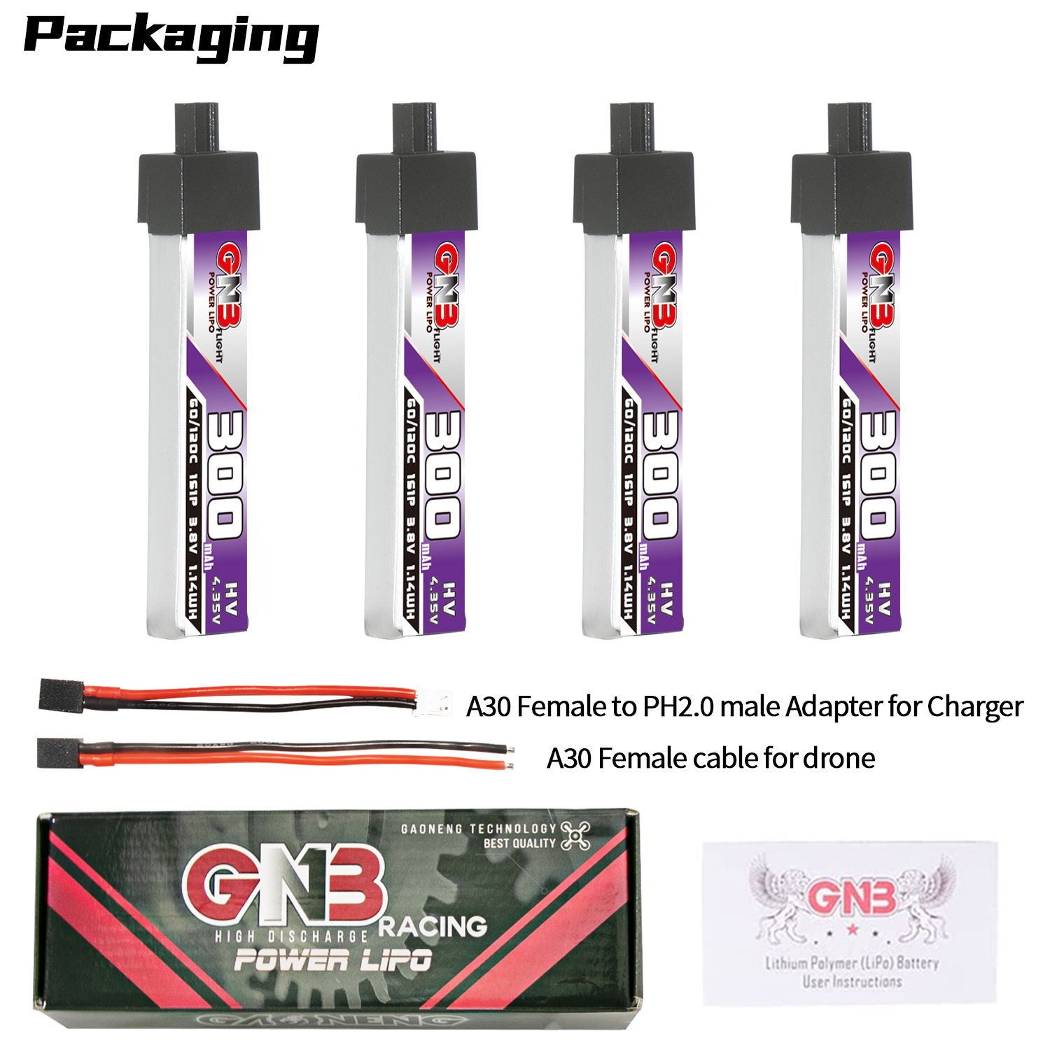 GAONENG GNB LiHV 1S 3.8V 300mAh 60C A30 Plastic Head LiPo Battery
